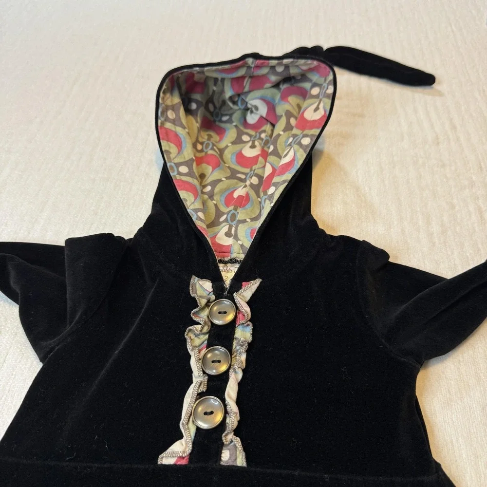 Matilda Jane‎ Dress Girls 2 Black Hooded Velour Tunic Pixie Hood Ruffle Buttons